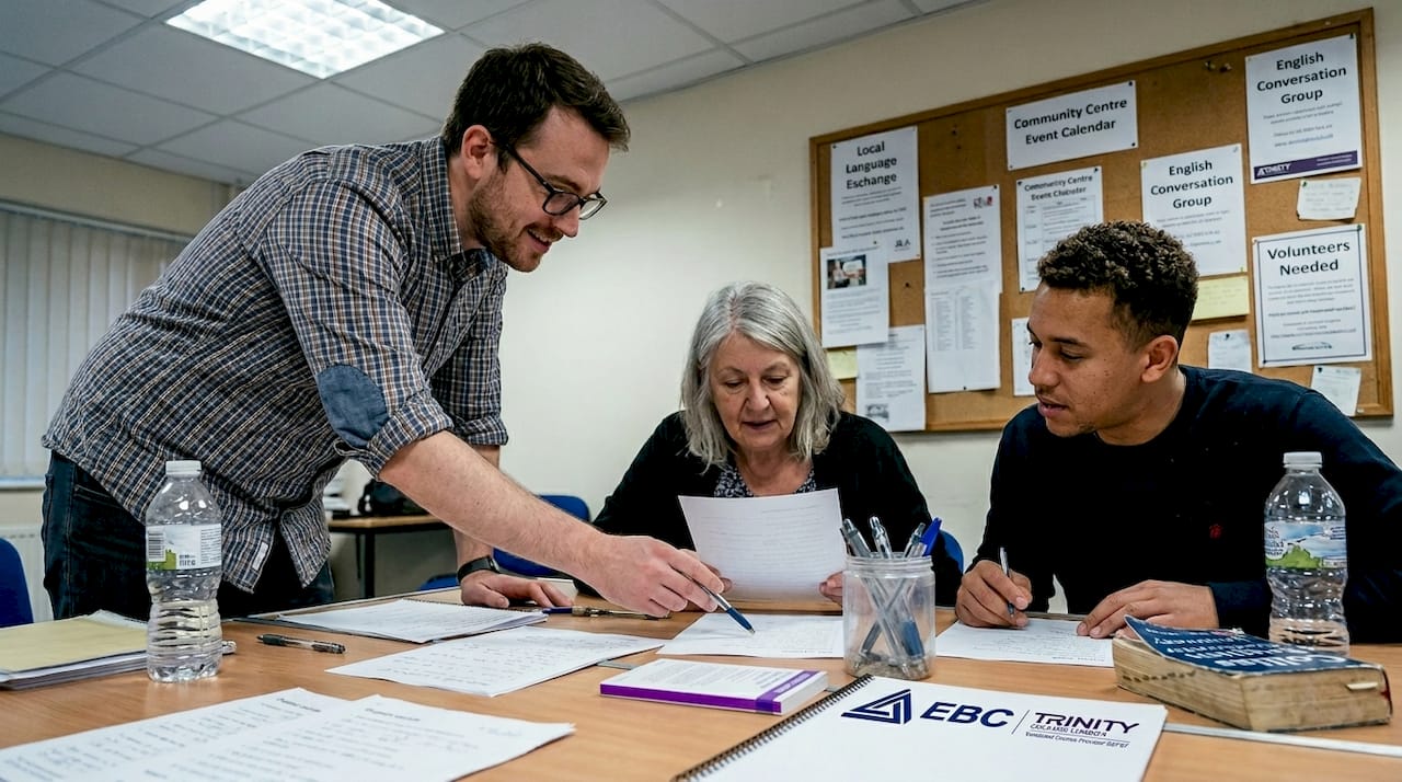 Volunteer teacher helps adults with English worksheets