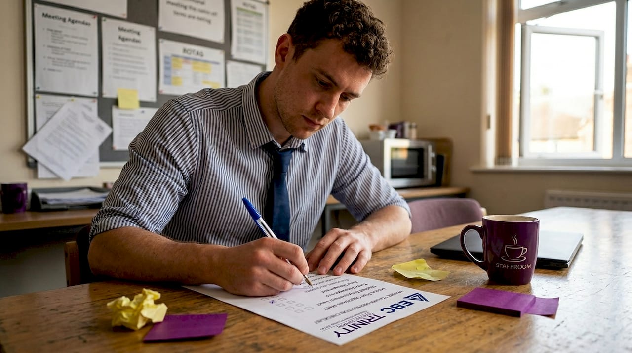 Trainee teacher reviewing peer observation notes