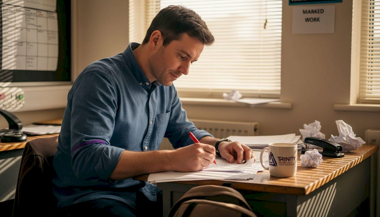 ESL teacher marking student essays at desk