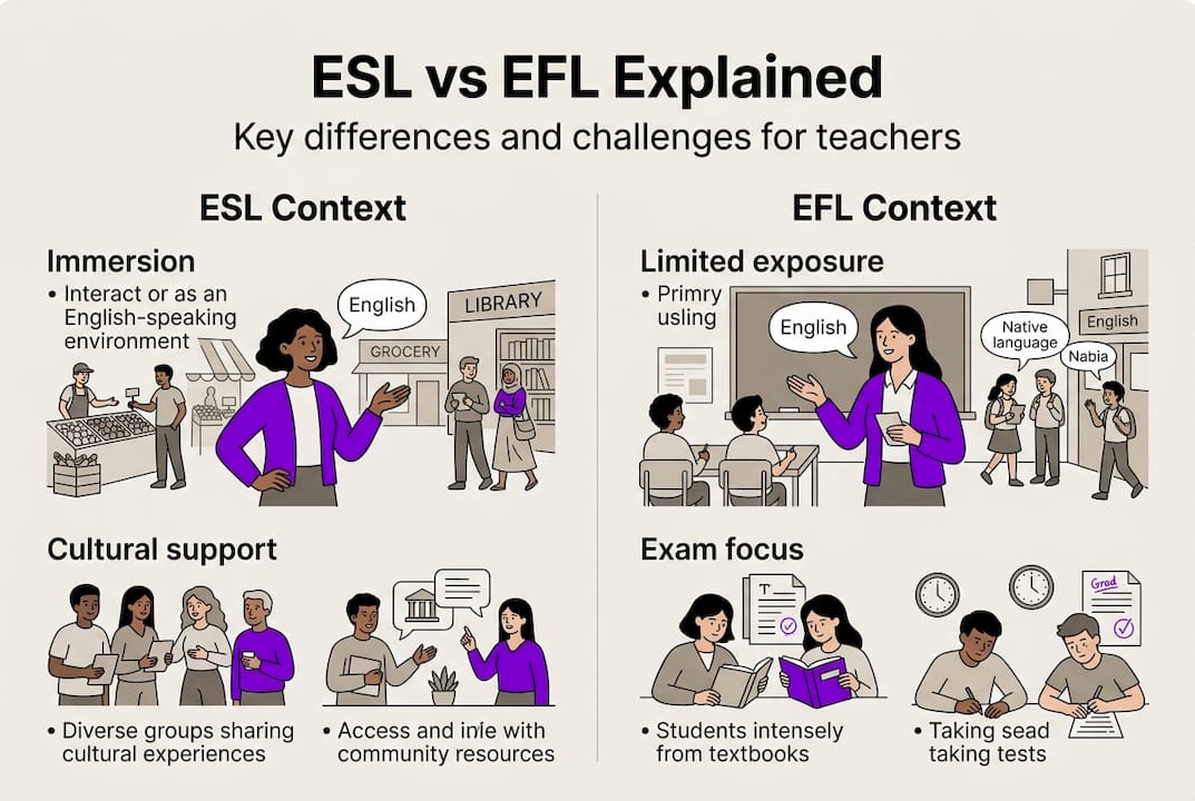 Infographic on ESL and EFL teaching contexts
