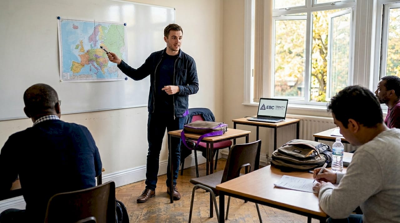 Teacher leading English class in Europe