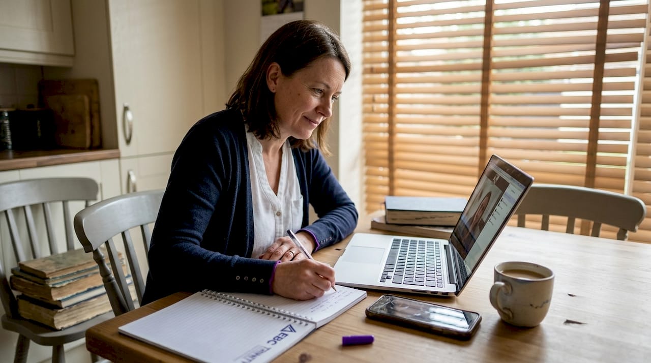 Woman in online business interview workspace