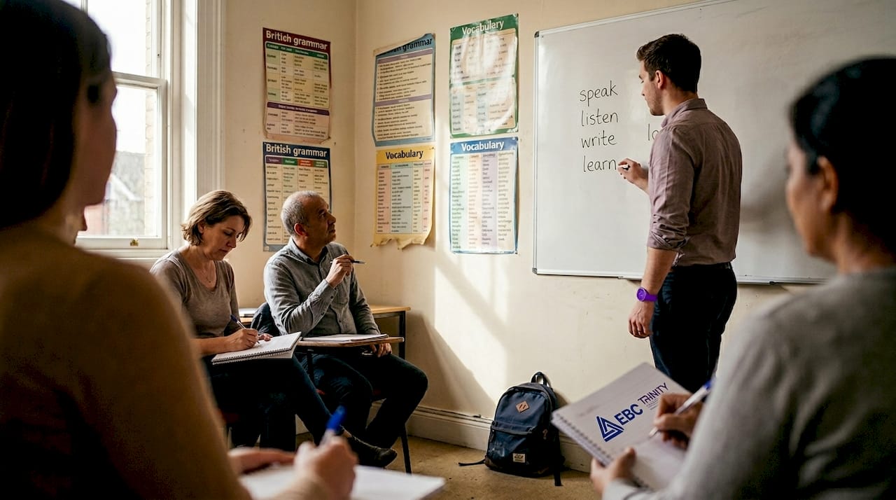Teacher leading ESL lesson for adult students