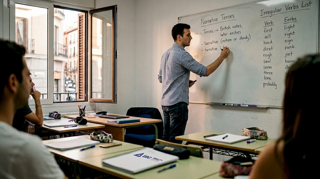 English teacher leads class in Spain language school
