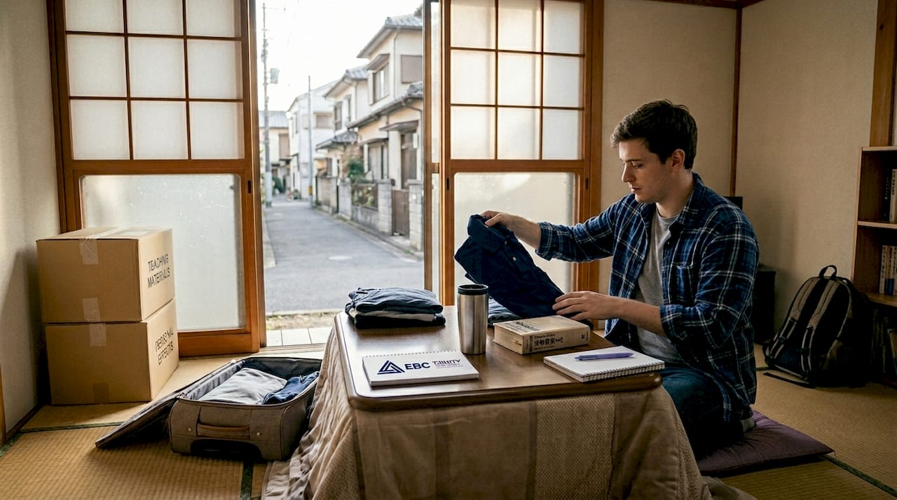 ALT unpacking suitcase in small Japanese apartment