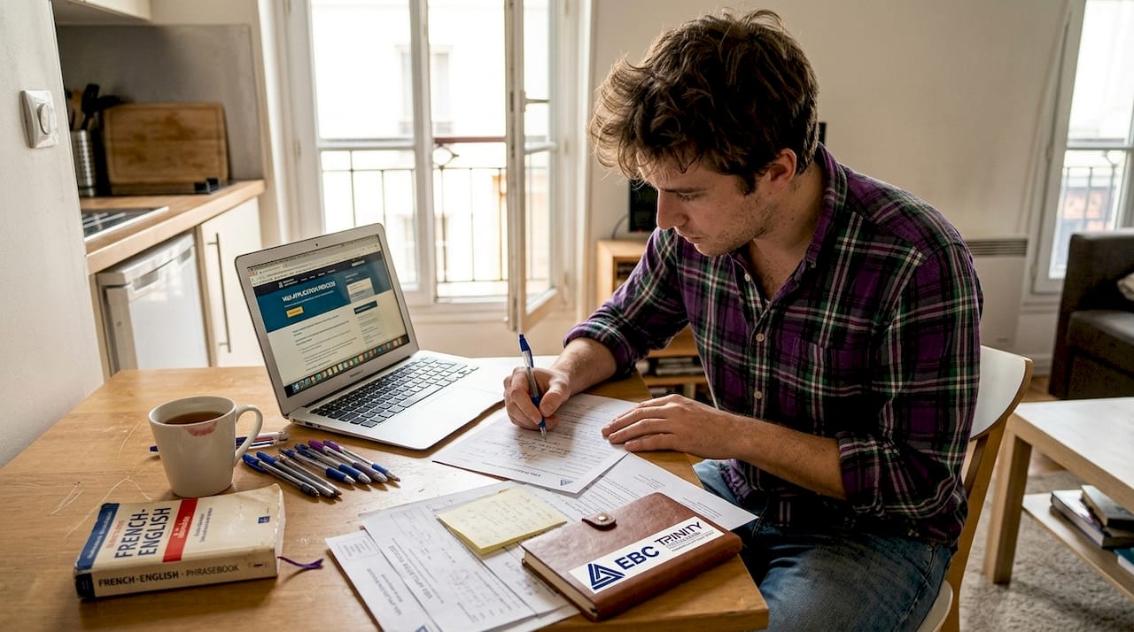 Filling out France visa forms at kitchen table