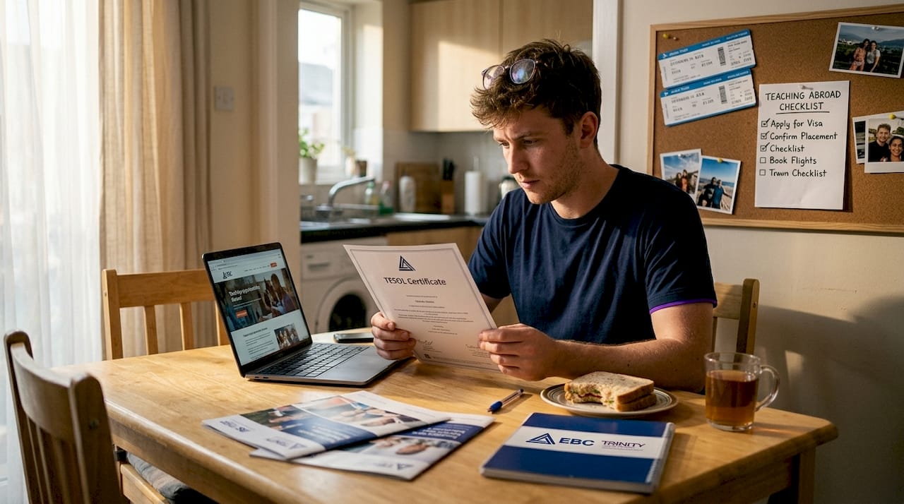 Man reviews TESOL certificate at kitchen table