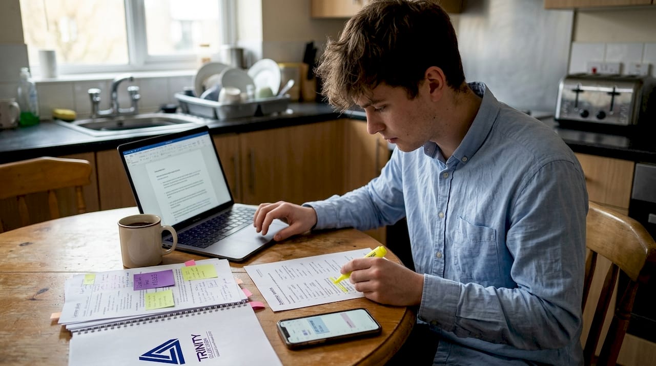 New teacher prepping English lesson at home