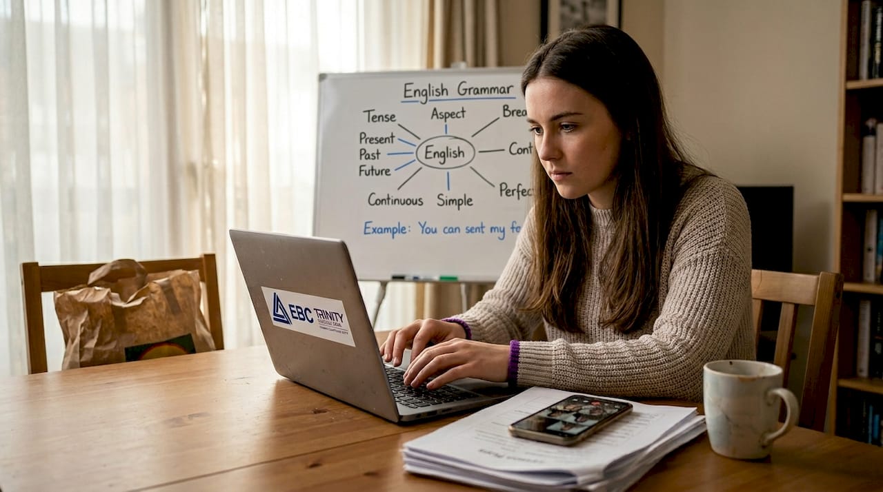 Young woman teaching online business English