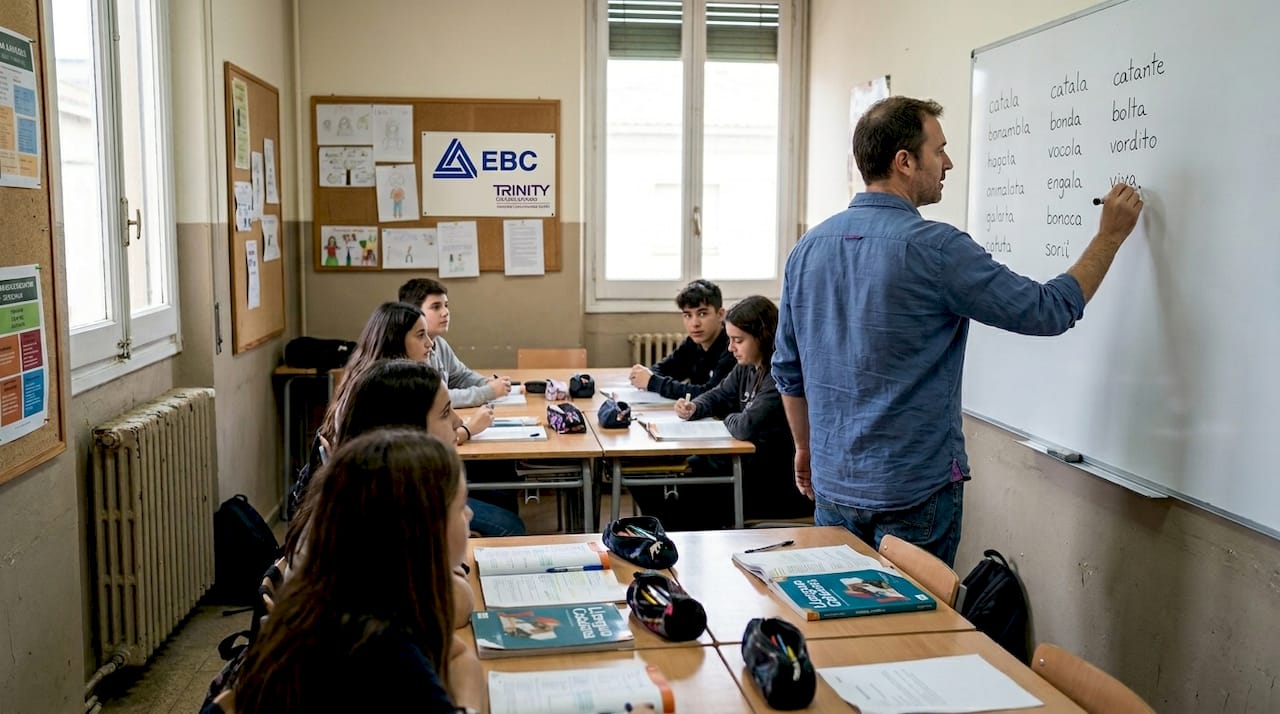 Secondary teacher conducts Catalan language class