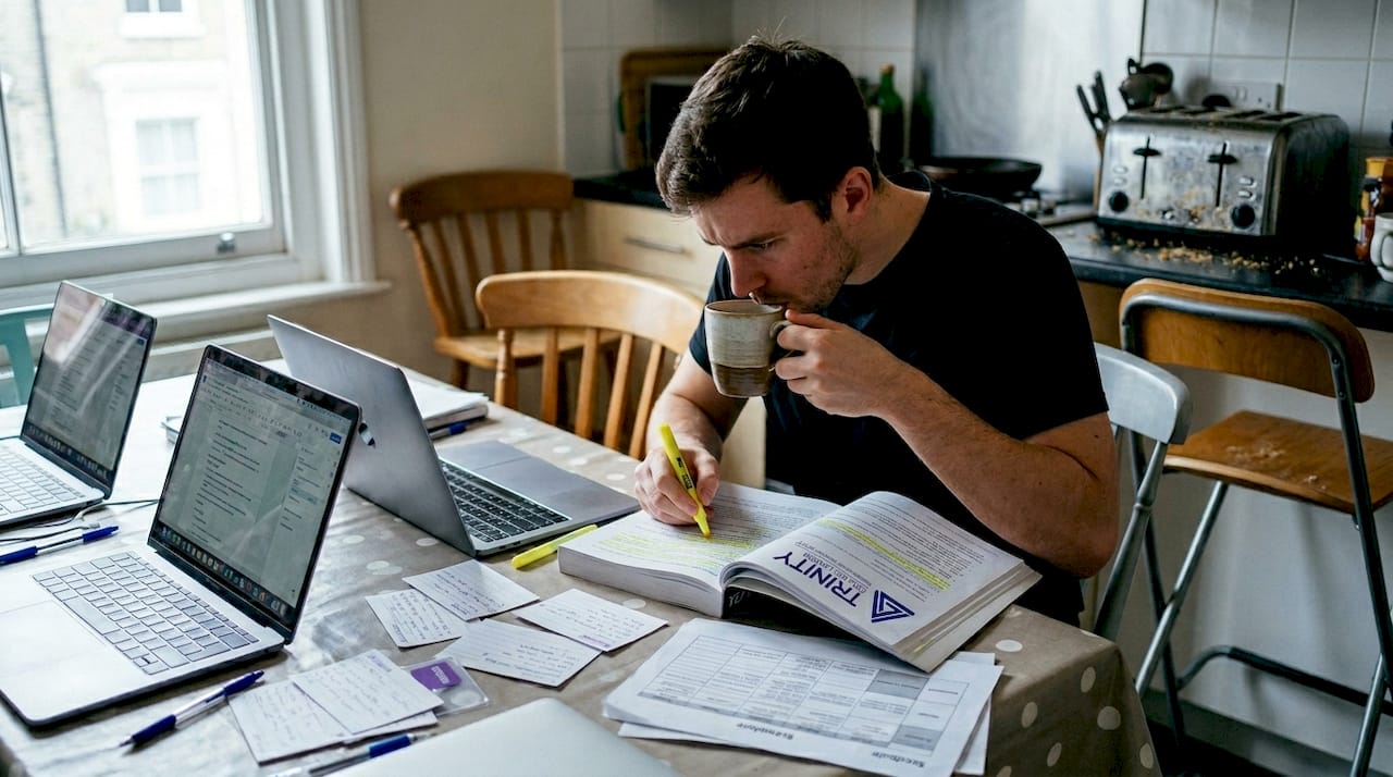 Student studying TEFL materials at kitchen table