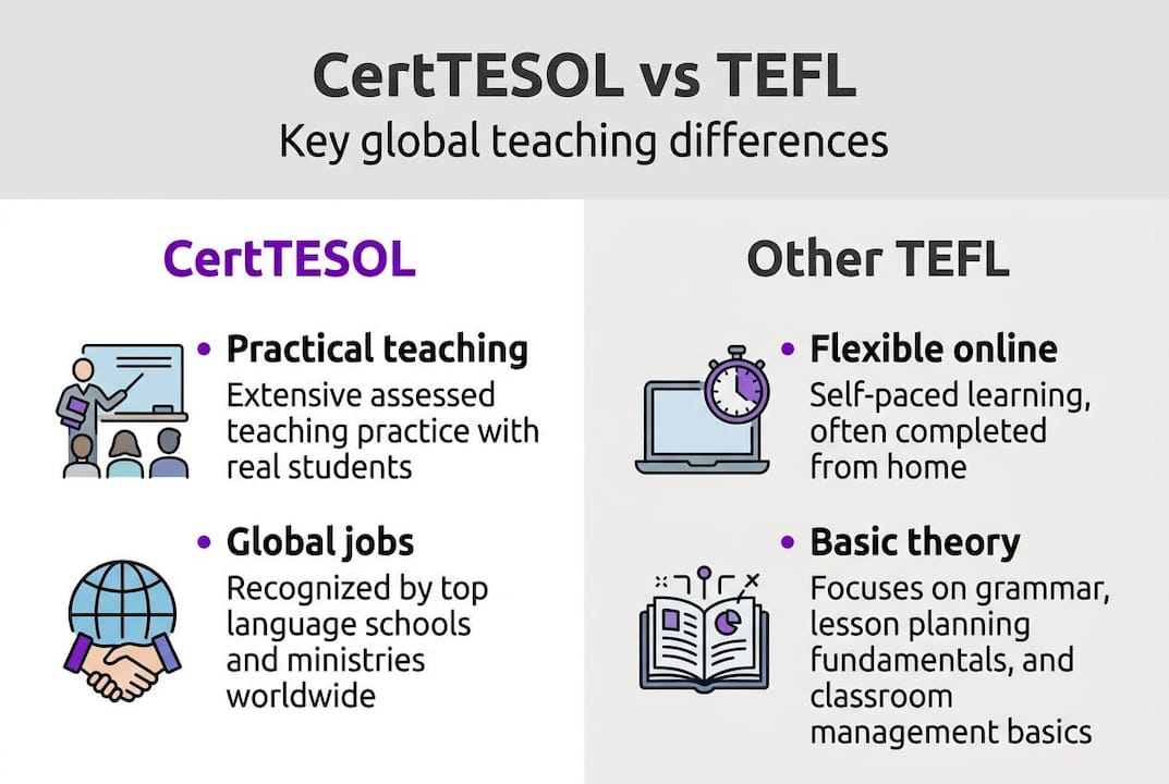 Infographic comparing CertTESOL and TEFL basics