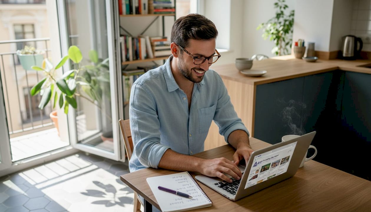 Man researching teaching jobs abroad at table