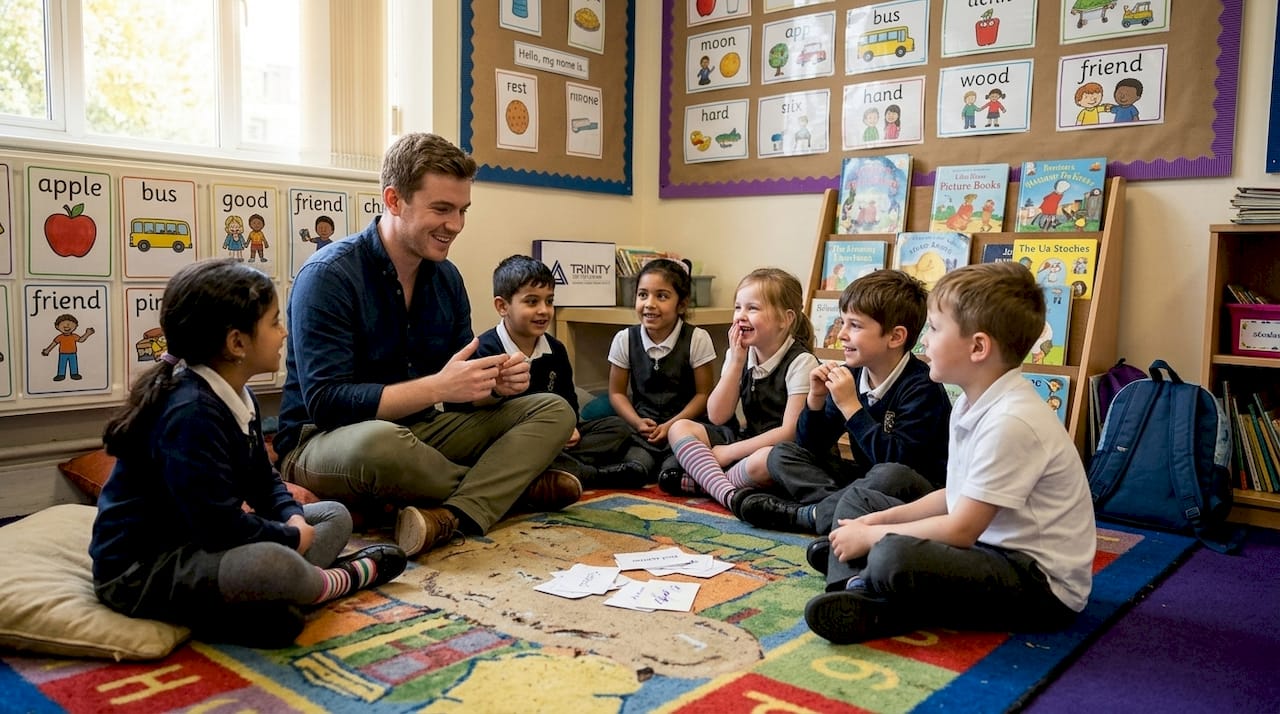 TEFL teacher leads children in group speaking