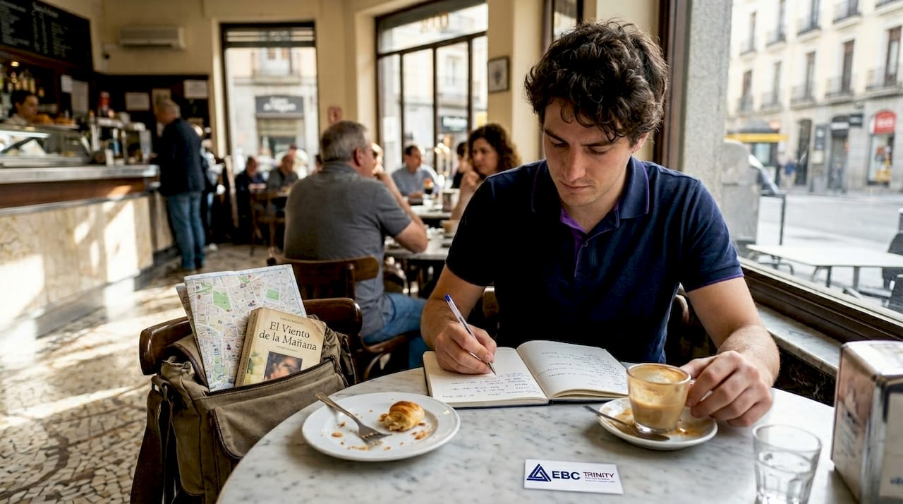 Student studies TEFL vocabulary in European café