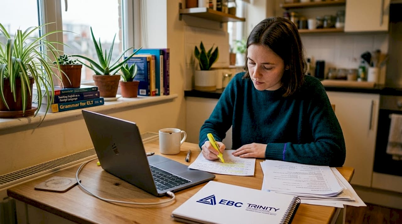 Student revising TEFL course materials