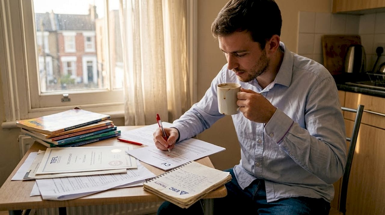 Job seeker revising CV with TEFL certificate