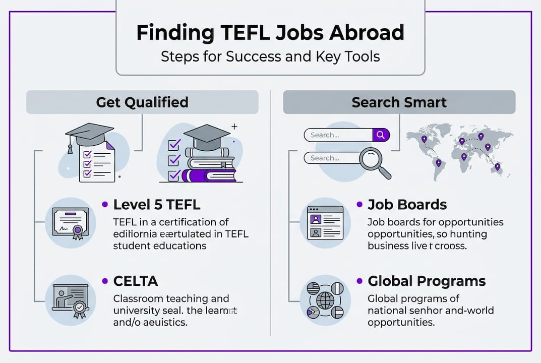 Infographic outlines TEFL job search steps and tools