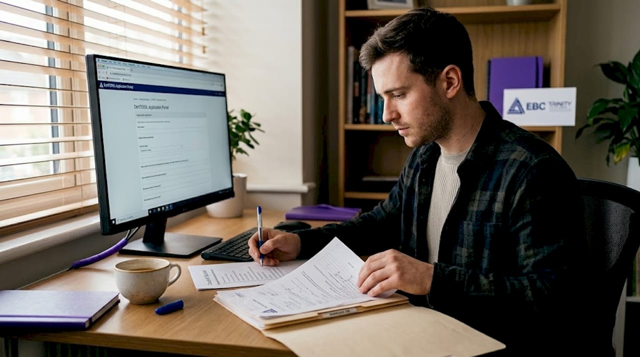 Man checks CertTESOL application papers at desk