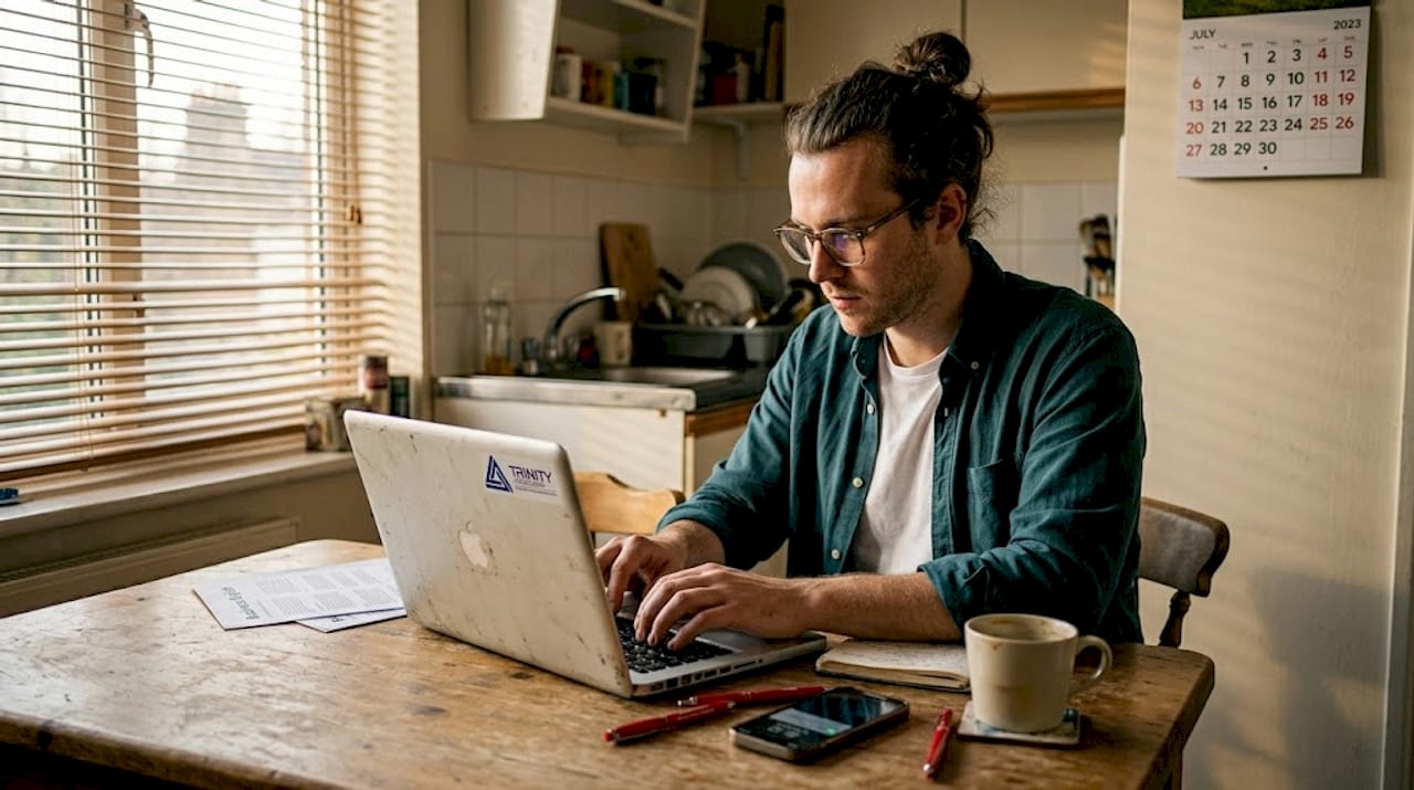 Teacher updating resume at kitchen table workspace
