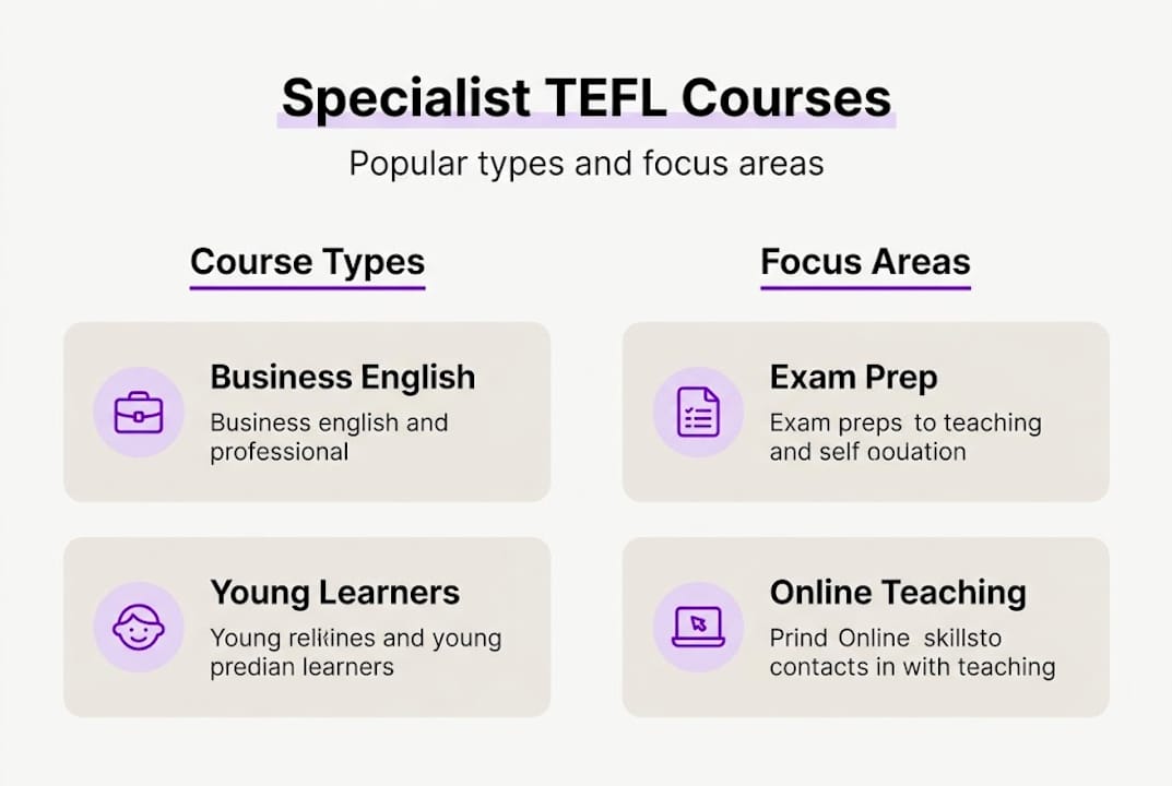 Infographic listing types and focus areas of TEFL courses