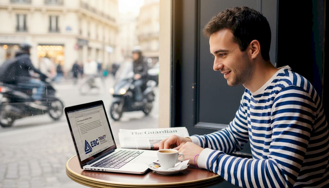 Teacher planning lessons in busy Paris café