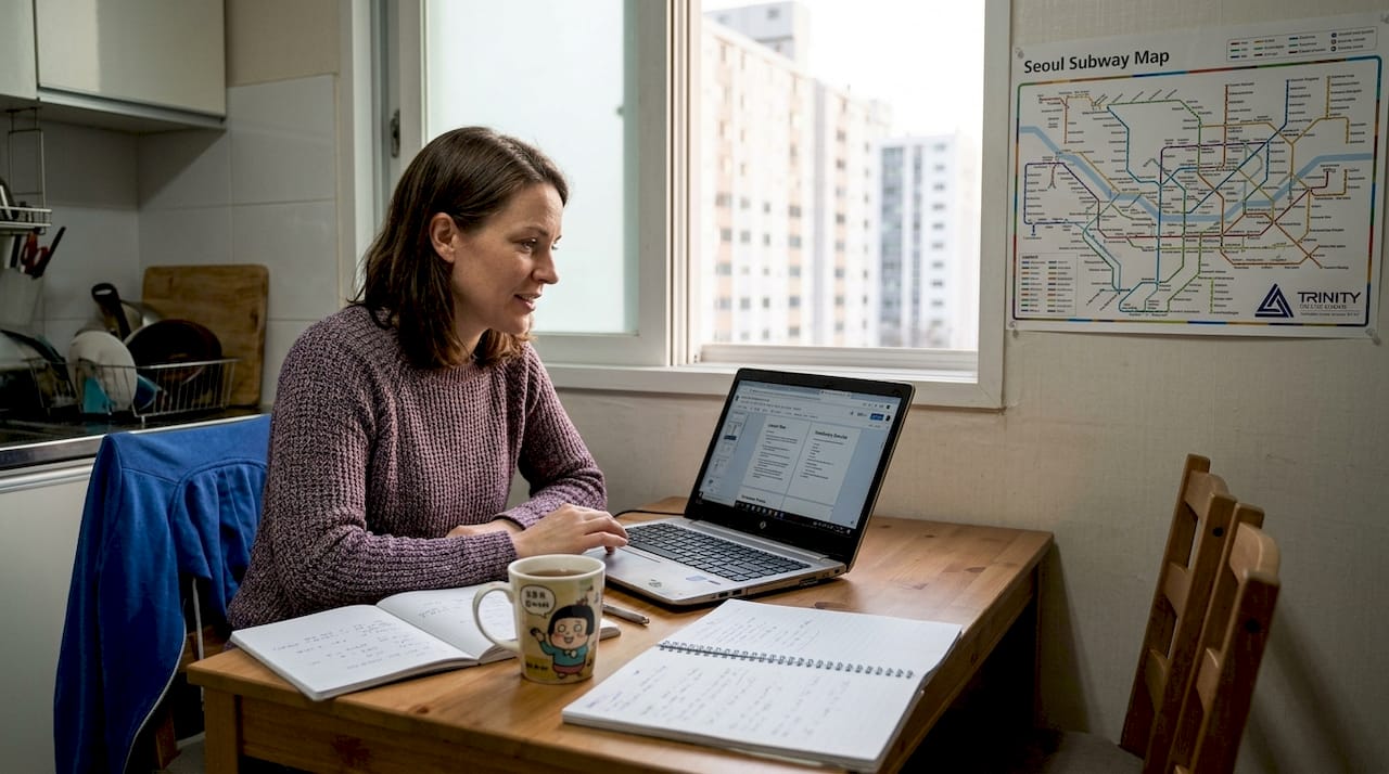 Expat teacher preparing lessons at kitchen table