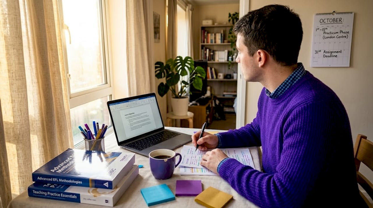 Teacher planning lesson at cluttered home table