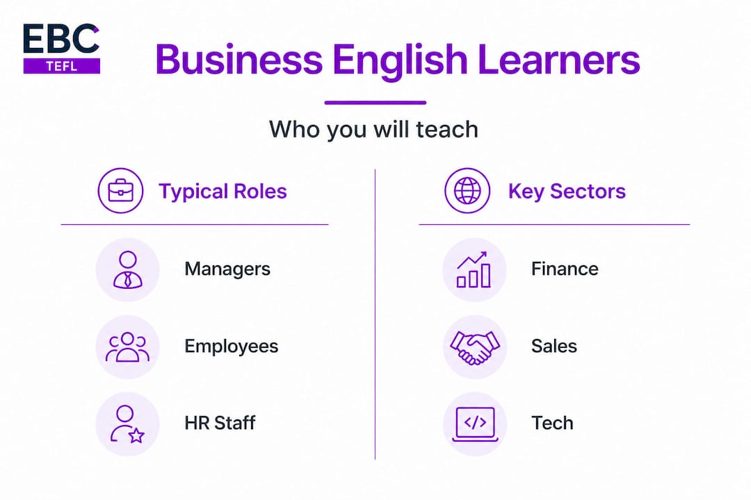 Infographic showing business English learner roles and sectors
