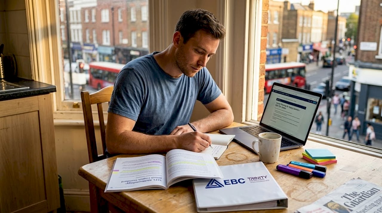 Man studying TESOL course at home table