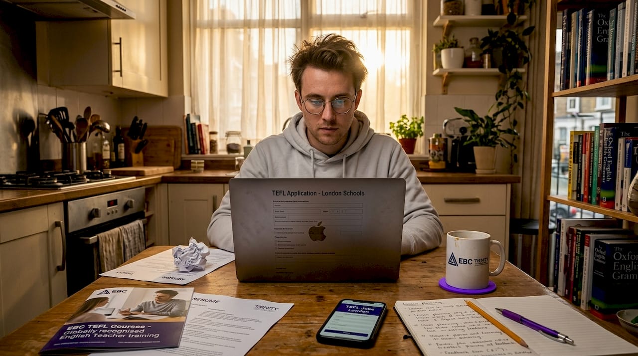 Young man preparing TEFL course materials
