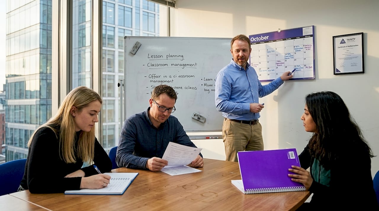 Adults learning Business English in classroom