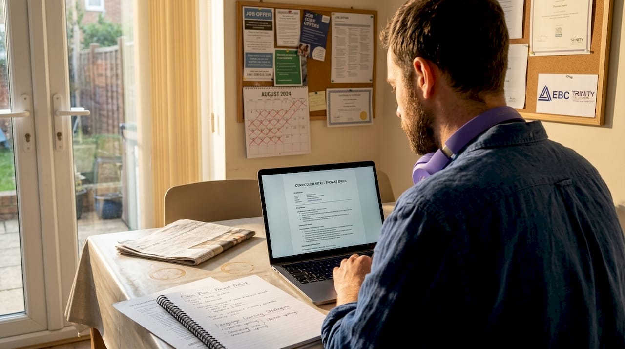 Teacher updating career portfolio at kitchen table