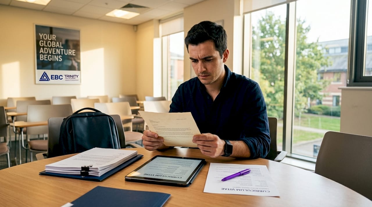 Language teacher updating CV and reviewing certificates