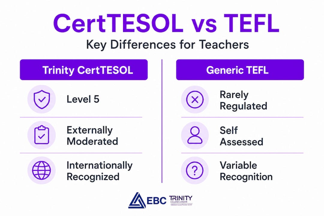 Infographic comparing Trinity CertTESOL with generic TEFL