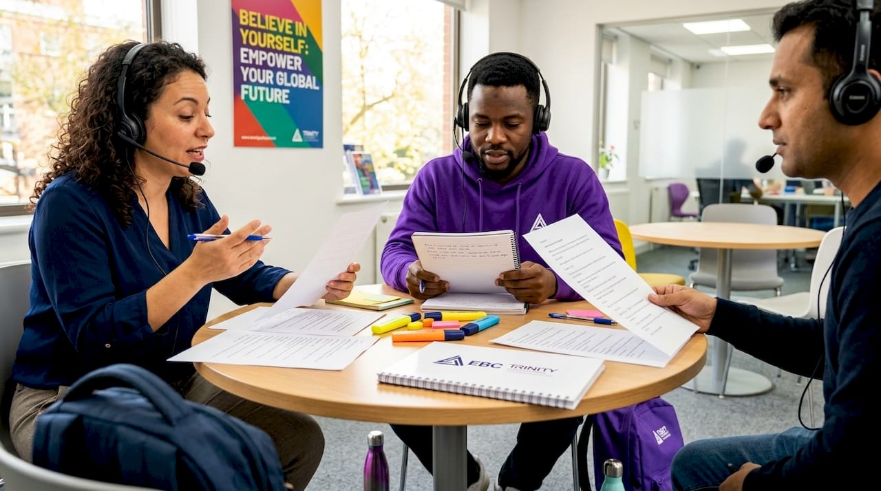 Adults practicing ESL workplace role play