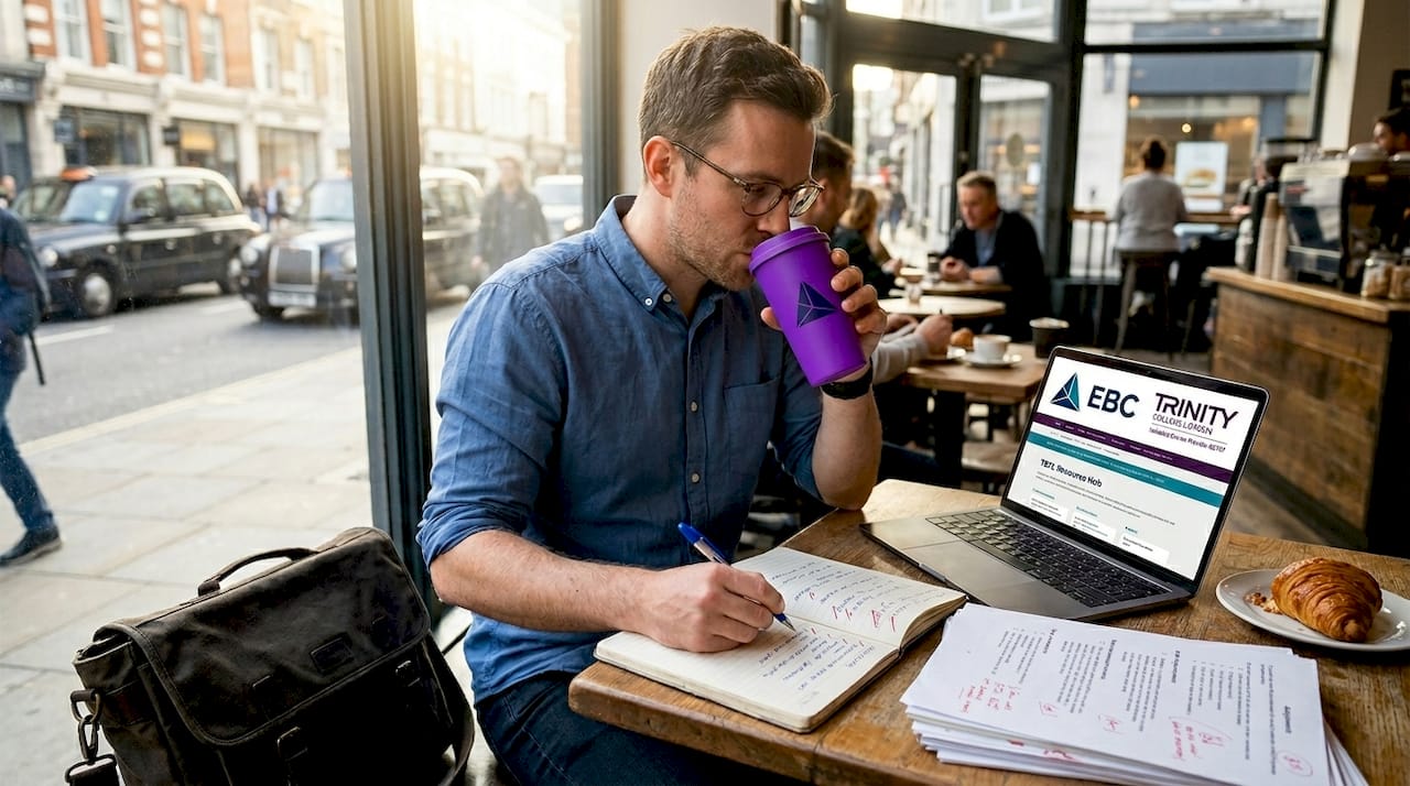Former professional working on TEFL lessons in café