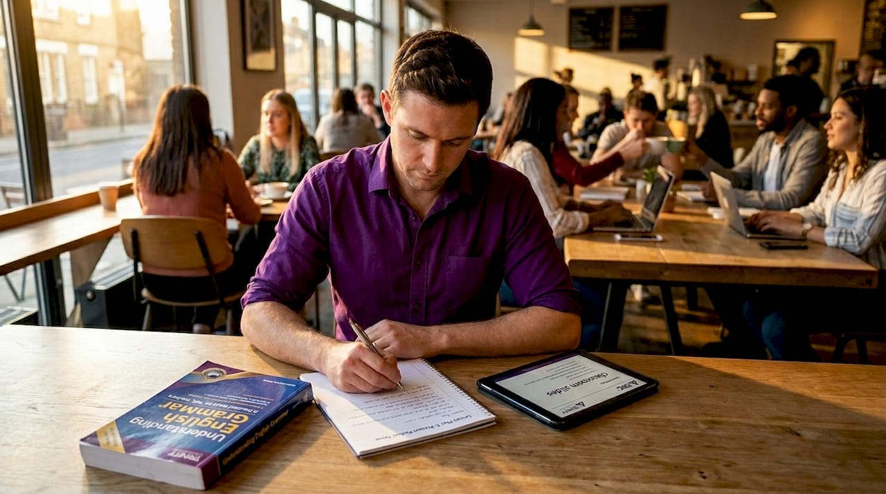 Man drafting lesson plans in coworking space