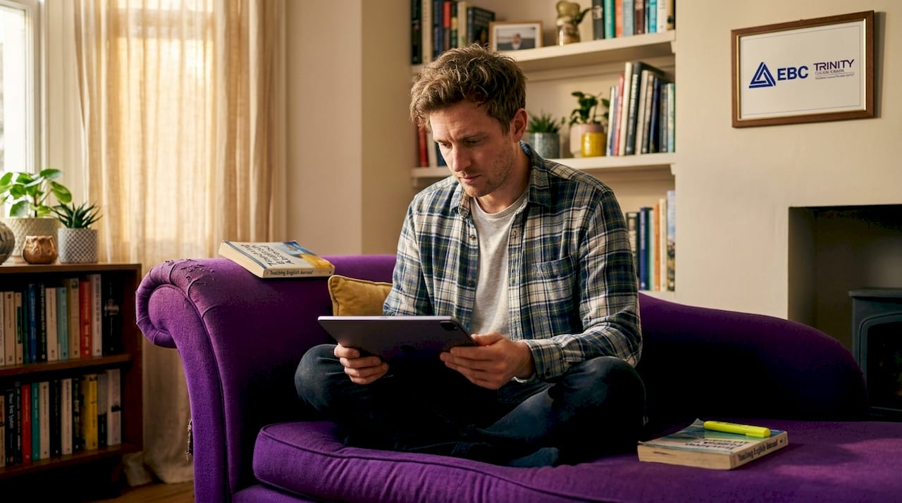 Man researching TESOL accreditation on tablet in living room