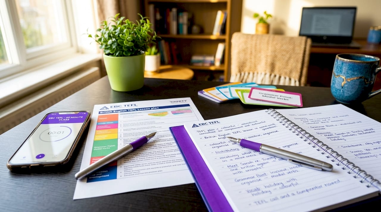 Desk with TEFL lesson planning materials close-up