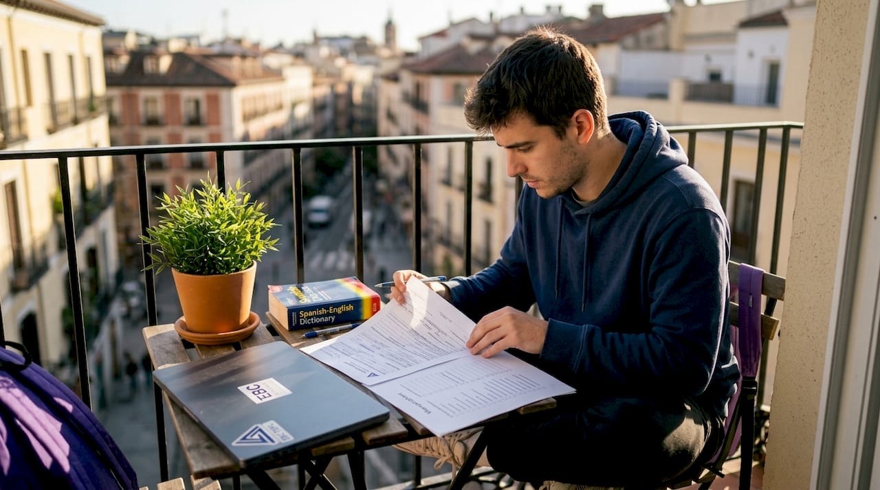 Hands reviewing visa paperwork at kitchen table