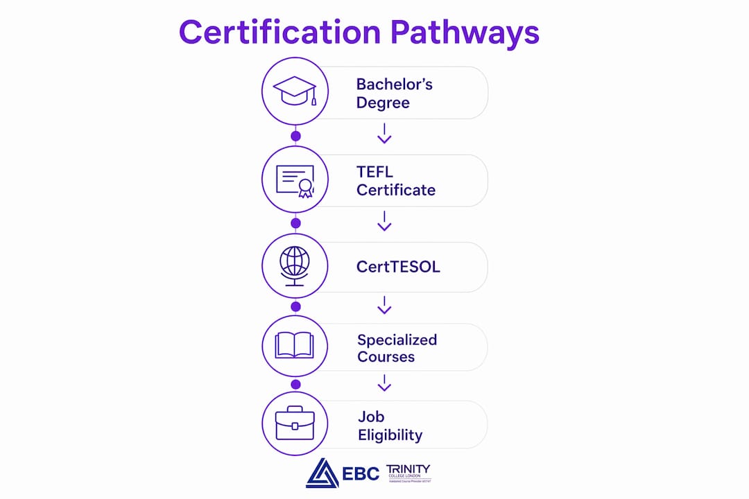 Infographic outlining certification pathways for teaching English in Spain