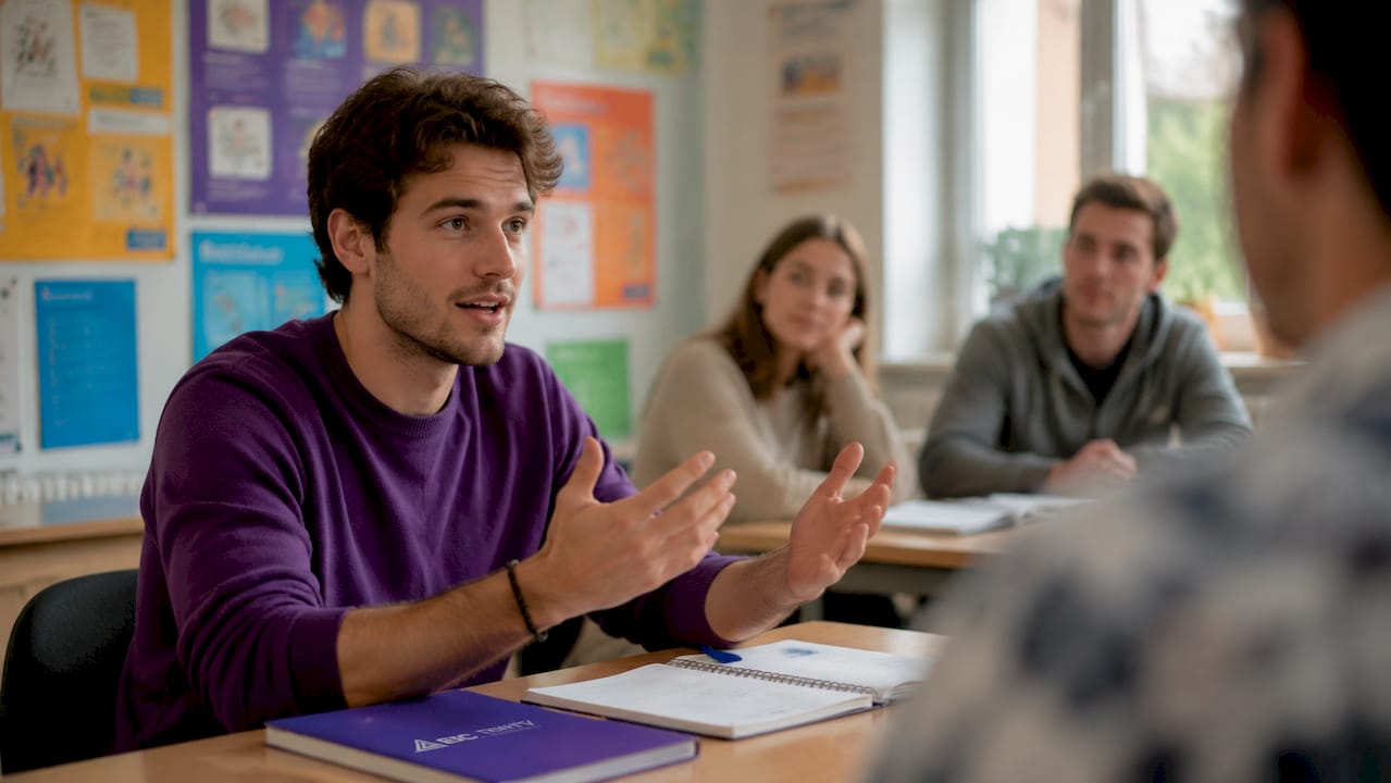 Male TEFL student speaking confidently in class