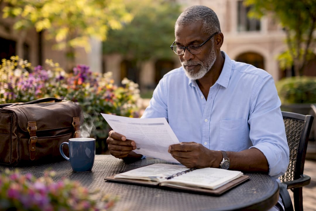 Teacher reviewing visa paperwork in faculty lounge