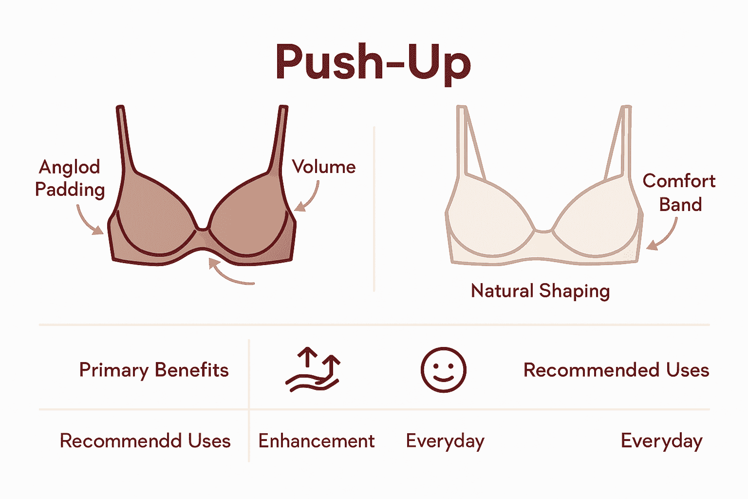Infographic comparing push-up and regular bras, highlighting support, lift, and comfort features for each.