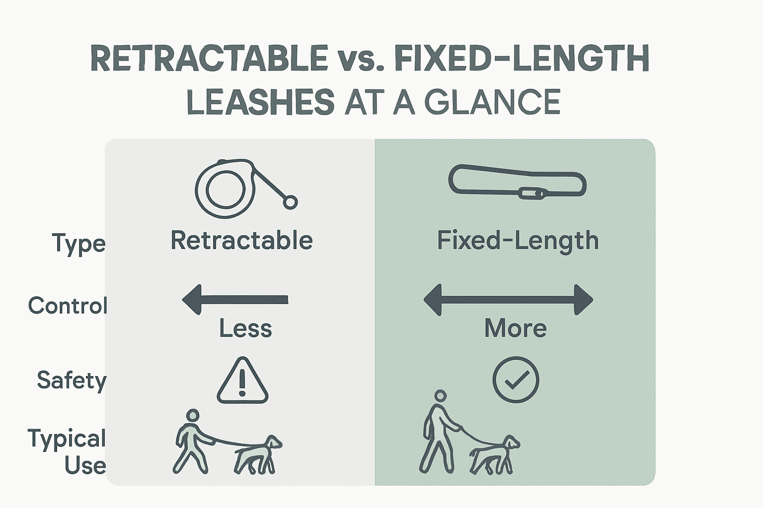 Infographic comparing retractable and traditional dog leashes by control and safety.