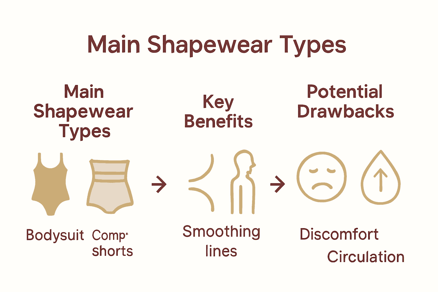 Infographic comparing shapewear types, benefits, and drawbacks using simple icons.