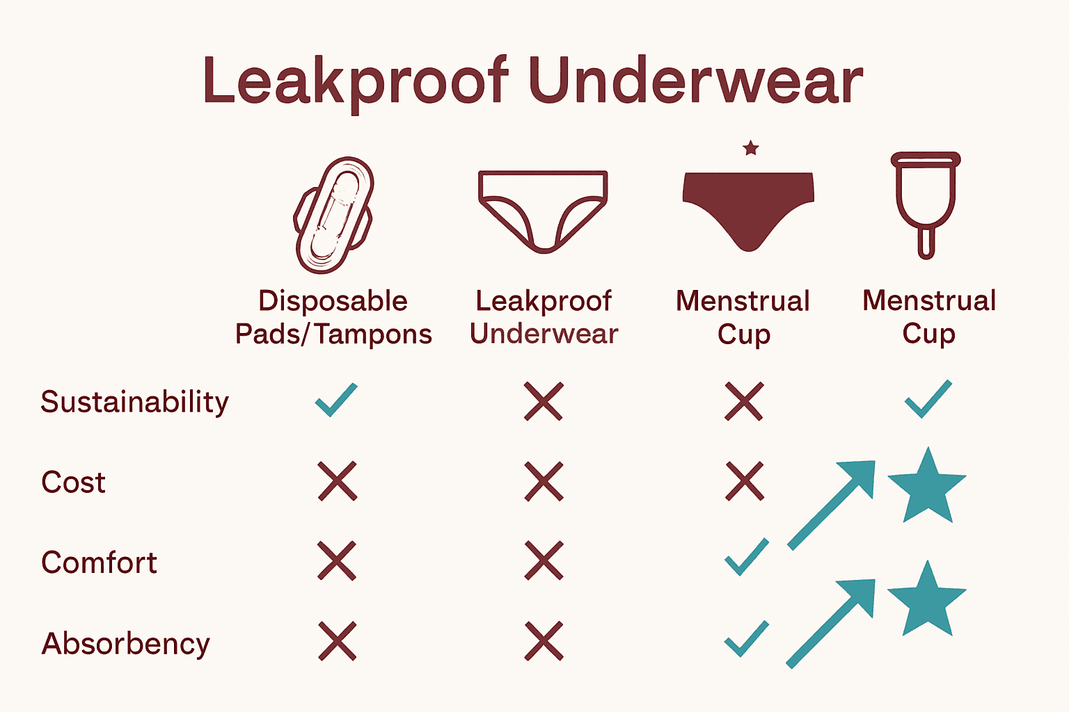 Infographic comparing disposable products, leakproof underwear, and menstrual cups for sustainability and cost.