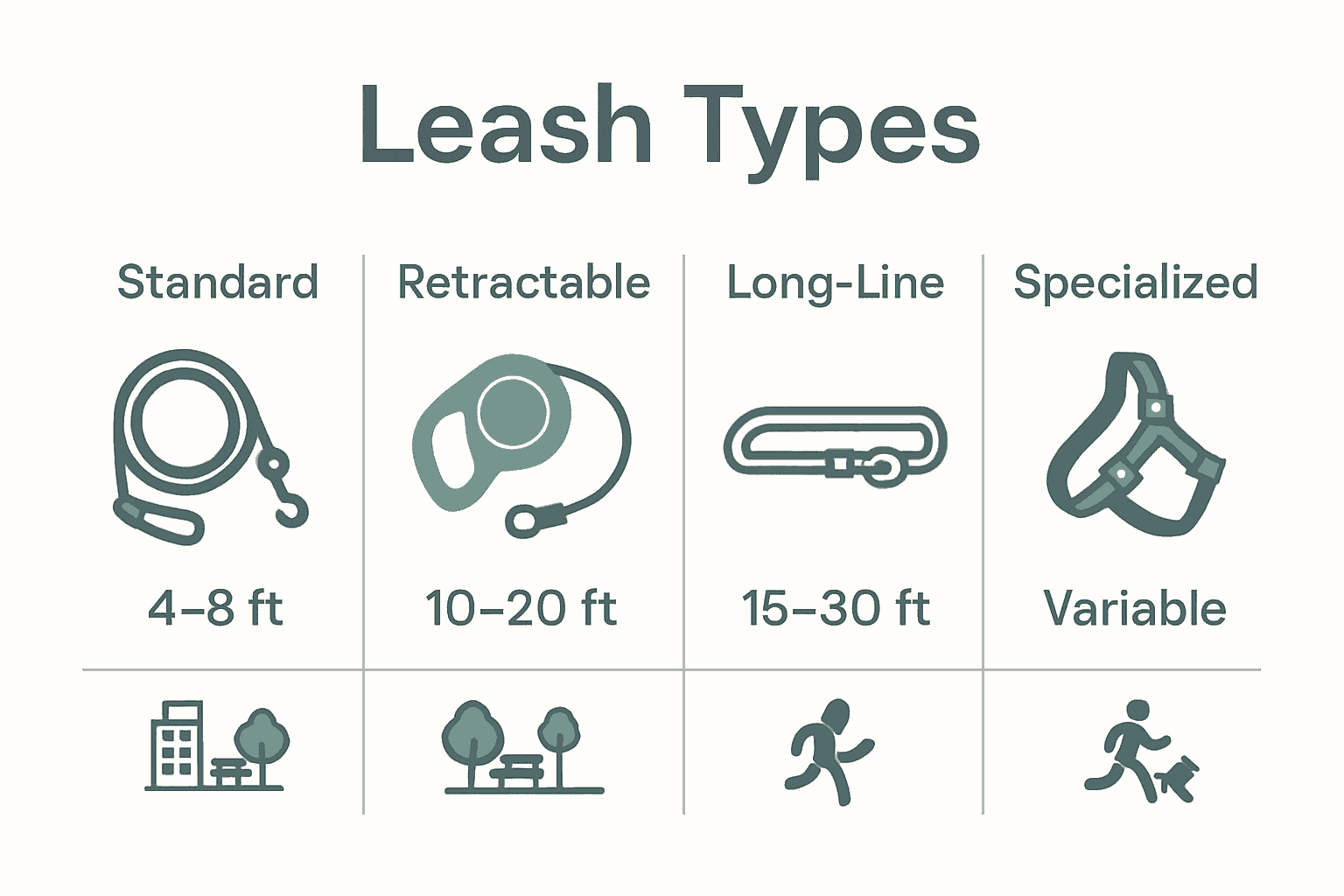 Infographie comparative des types de laisses pour chiens : standard, rétractable, longue, spécialisée.