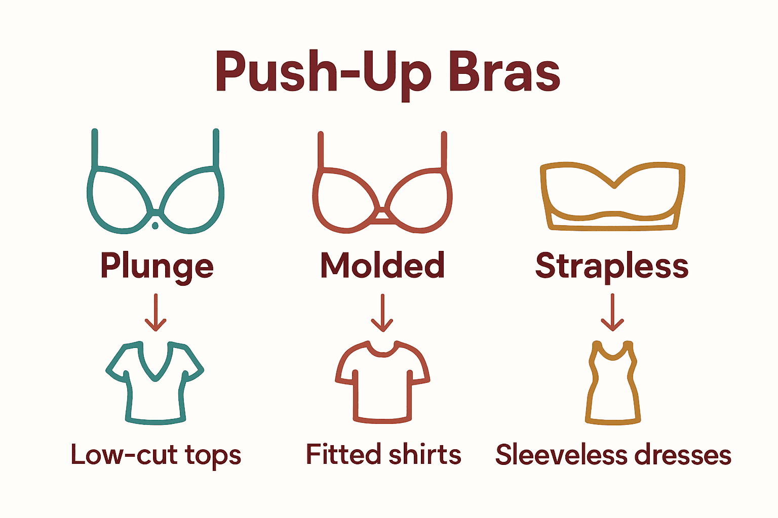 Infographic comparing types of push-up bras and matching outfit styles